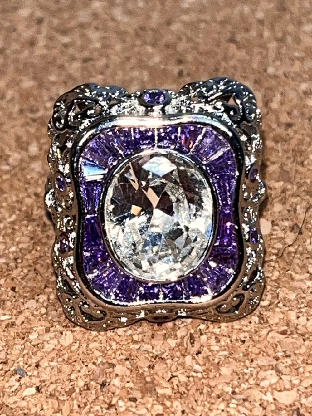 925 Sterling Silver Amethyst & Moissanite Cocktail Ring 7 Vintage Art Deco